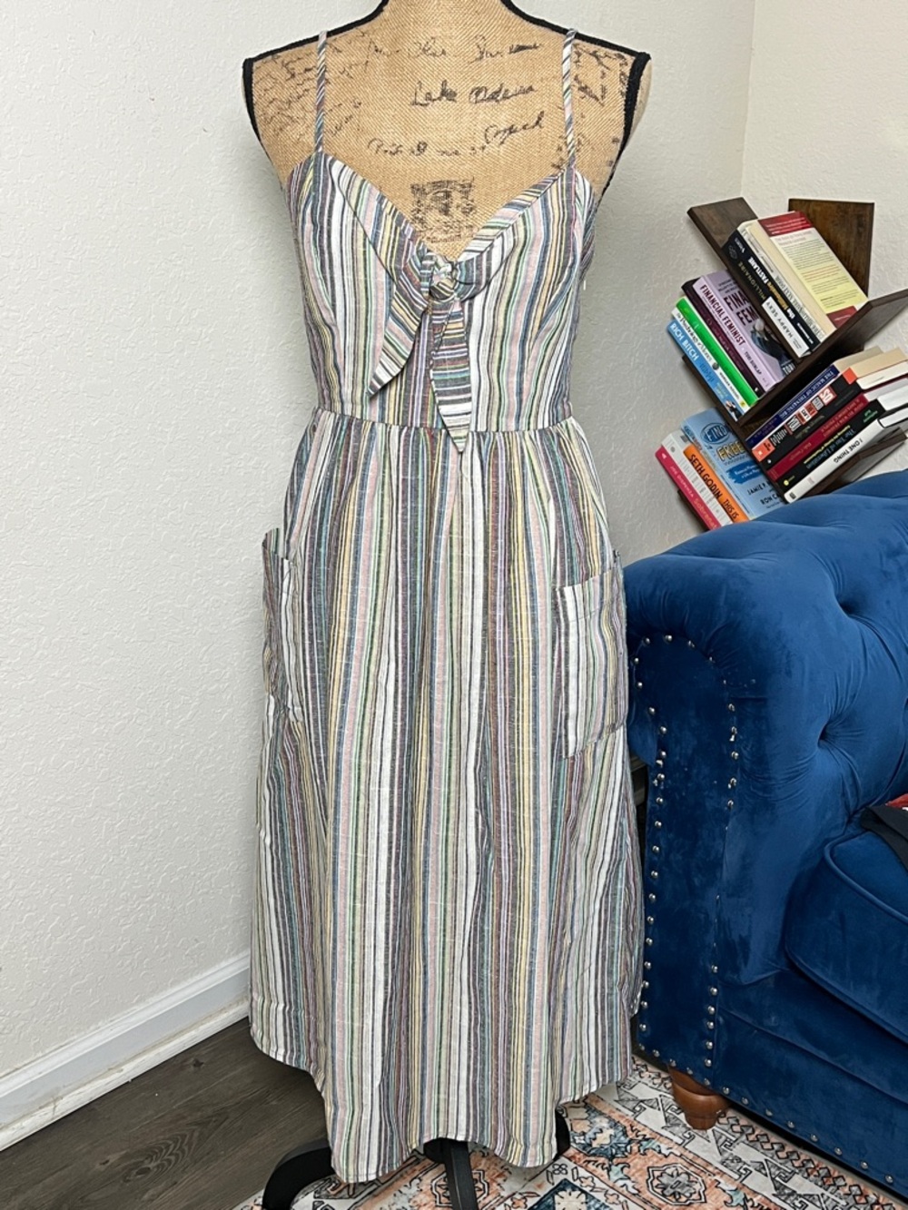 Boho Multi-Stripe Tie-Front Midi Dress